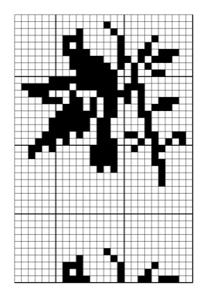 Filet crochet chart: small bird in flight with swept-back wings and fanned tail feathers, with partial squares of the next repeat at the lower edge.