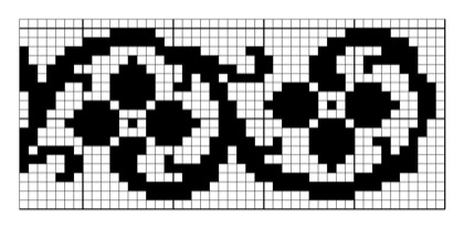 Filet crochet chart: horizontal border strip of curling scrolls, each holding a cluster of round berries.