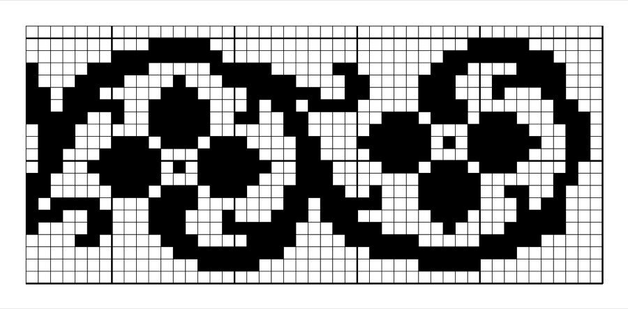 Filet crochet chart: horizontal border strip of curling scrolls, each holding a cluster of round berries.