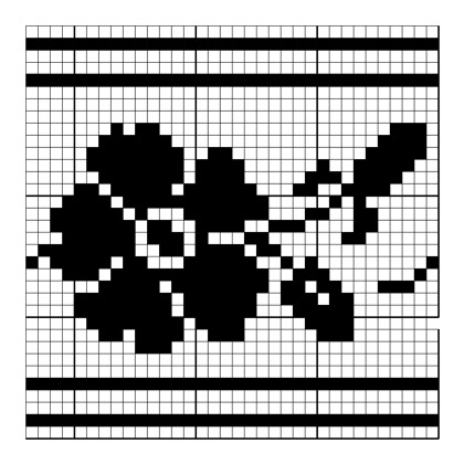 Filet crochet chart: square repeat of a five-petal blossom with bud and leaves on a diagonal stem, framed by paired solid horizontal rails.