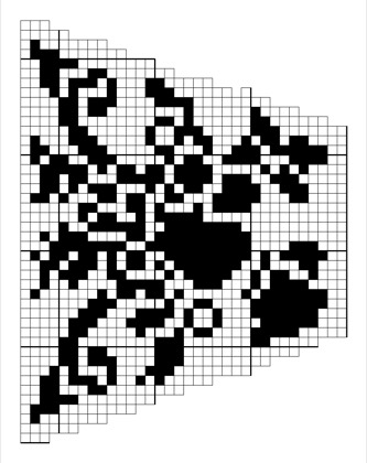 Filet crochet chart: shaped wedge panel with two heavy round blossoms and scrolling leafy stems in filled mesh.