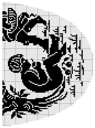 Filet crochet chart: right half of an oval design showing a stooping cherub over grass tufts, drooping foliage, and a figure with a ribbed basket inside a curved shaped outline.