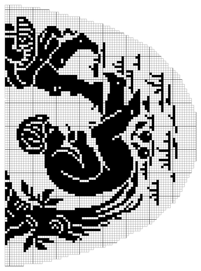 Filet crochet chart: right half of an oval design showing a stooping cherub over grass tufts, drooping foliage, and a figure with a ribbed basket inside a curved shaped outline.