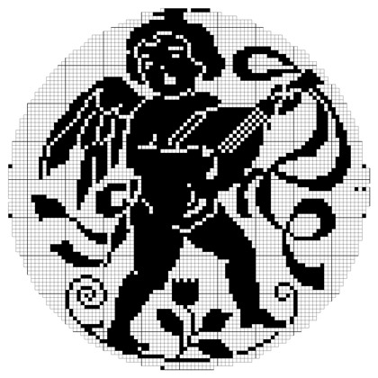 Filet crochet chart: circular medallion of a winged cherub playing a mandolin, surrounded by roses and scrollwork.