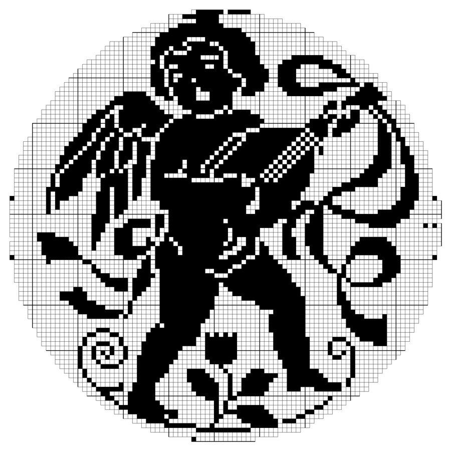 Filet crochet chart: circular medallion of a winged cherub playing a mandolin, surrounded by roses and scrollwork.