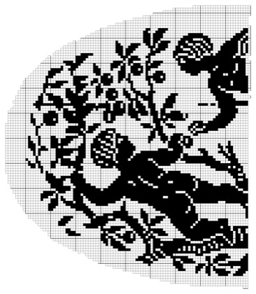 Filet crochet chart: left half of an oval design showing a cherub reaching into fruiting branches, a long-necked bird, and a crouching child inside a curved shaped outline.
