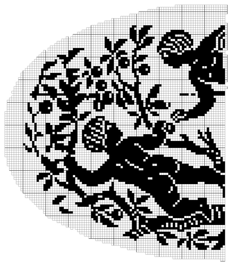 Filet crochet chart: left half of an oval design showing a cherub reaching into fruiting branches, a long-necked bird, and a crouching child inside a curved shaped outline.