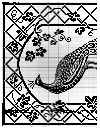 Filet crochet chart: basket-weave cornucopia with scattered blossom sprigs inside a diamond trellis border.