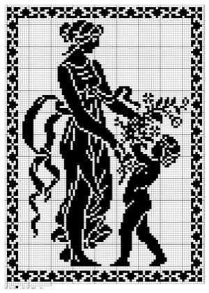 Filet crochet chart: two figures in period dress, one wearing a plumed headdress and one carrying a spray of flowers, framed by a scrolling vine border.