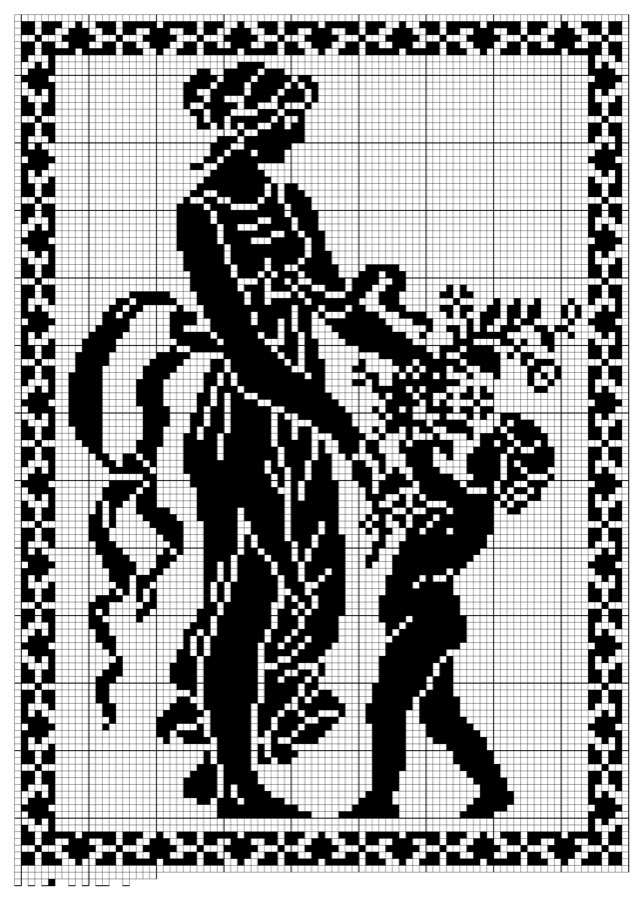 Filet crochet chart: two figures in period dress, one wearing a plumed headdress and one carrying a spray of flowers, framed by a scrolling vine border.