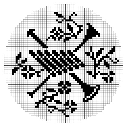 Filet crochet chart: circular medallion with two crossed horn-shaped devices over a woven diagonal band, surrounded by small flower sprigs.