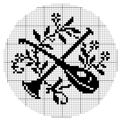 Filet crochet chart: circular medallion showing two crossed musical instruments surrounded by small flower sprigs.
