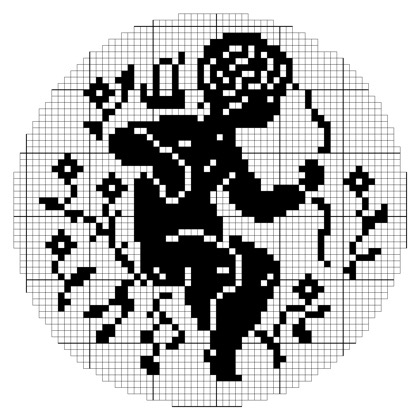 Filet crochet chart: circular medallion of a dancing figure with a large spiral rose overhead and small flower sprigs scattered on an open mesh ground.