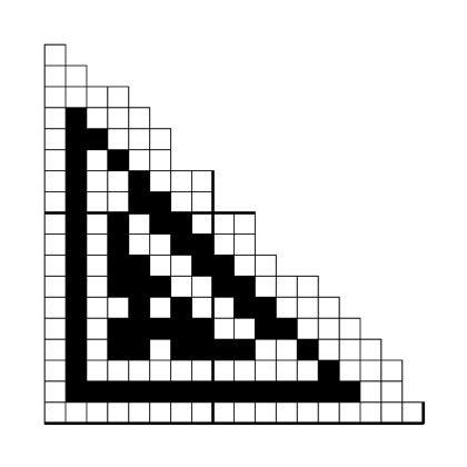 Filet crochet chart: right-triangle corner with solid bars on two straight edges and stepped diagonal rays inside.