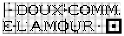 Filet crochet chart: a lettering band reading 'doux comme l'amour' split across two stacked rows, ending in a square medallion.