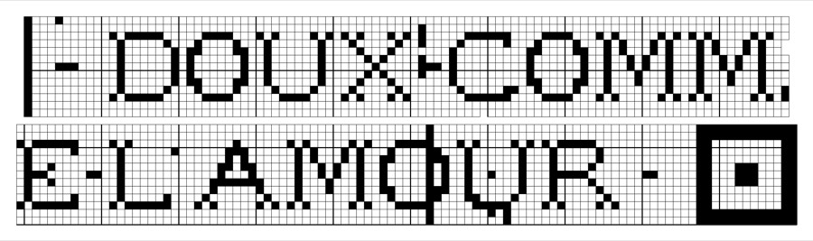 Filet crochet chart: a lettering band reading 'doux comme l'amour' split across two stacked rows, ending in a square medallion.