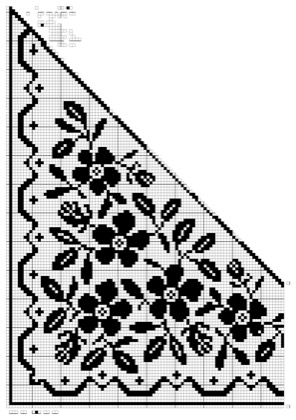 Filet crochet chart: large right-triangle panel filled with five-petal flowers and leaves inside a wavy border with cross accents.