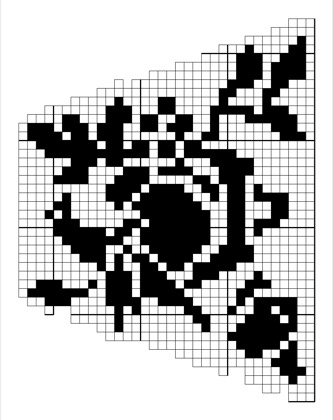 Filet crochet chart: shaped wedge panel with a large round rose bloom, serrated leaves, and buds on an open mesh ground.