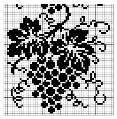 Filet crochet chart: a hanging bunch of grapes beneath vine leaves with curling tendrils.