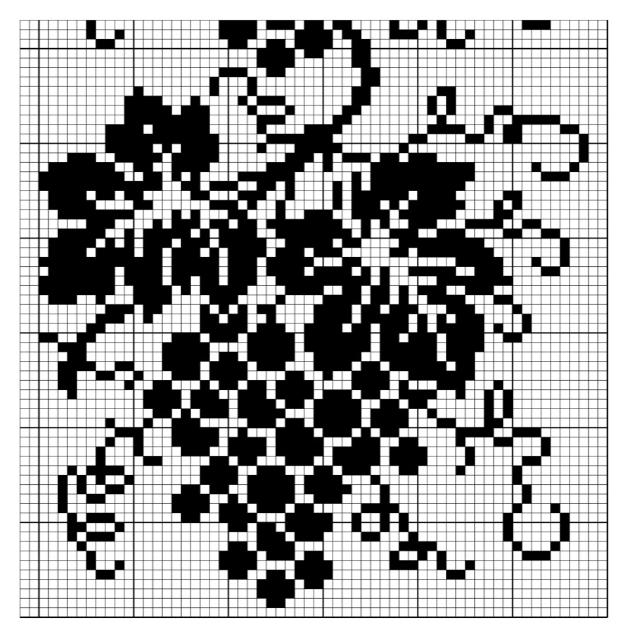 Filet crochet chart: a hanging bunch of grapes beneath vine leaves with curling tendrils.