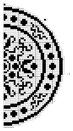 Filet crochet chart: half-round medallion with concentric dotted, scroll, and floral bands.