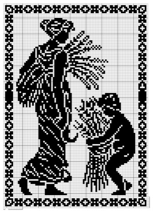 Filet crochet chart: two figures carrying sheaves of grain, framed by a chain border of rings and links.