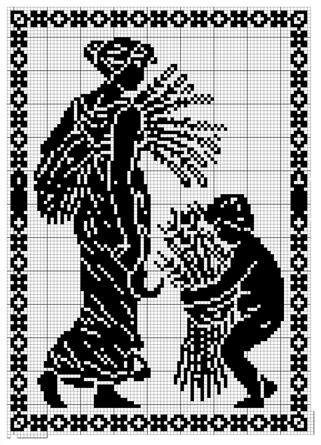 Filet crochet chart: two figures carrying sheaves of grain, framed by a chain border of rings and links.