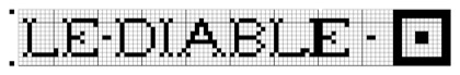 Filet crochet chart: long narrow band spelling LE DIABLE in block letters, with a square medallion at the right end.