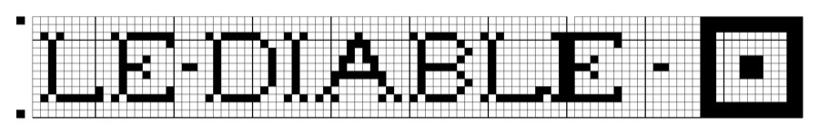 Filet crochet chart: long narrow band spelling LE DIABLE in block letters, with a square medallion at the right end.