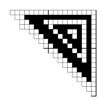 Filet crochet chart: triangular corner motif of nested right-angle bands stepping down parallel to the diagonal edge.
