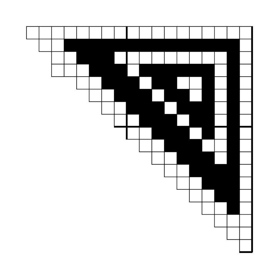 Filet crochet chart: triangular corner motif of nested right-angle bands stepping down parallel to the diagonal edge.
