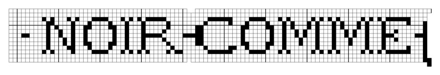 Filet crochet chart: long narrow band spelling NOIR COMME in block letters.