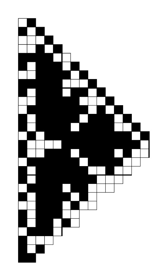 Filet crochet chart: tall solid triangular point with an openwork sprig and notched edge picked out in open squares on a filled ground.