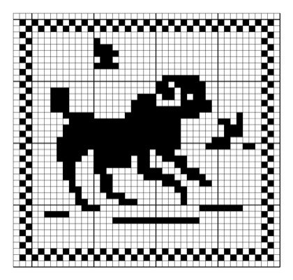 Filet crochet chart: square block of a trotting clipped poodle with a butterfly at its nose, framed by a checkered border.