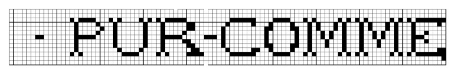 Filet crochet chart: a single-line lettering band in block capitals reading 'pur comme'.
