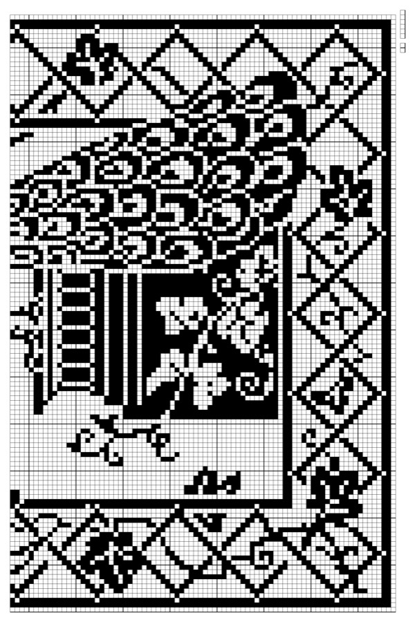Filet crochet chart: latticed basket overflowing with roses, framed by a diamond trellis border.