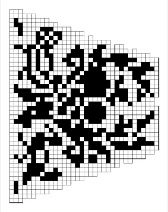 Filet crochet chart: triangular piece with an open rose and leaf spray, edges tapering to a point.