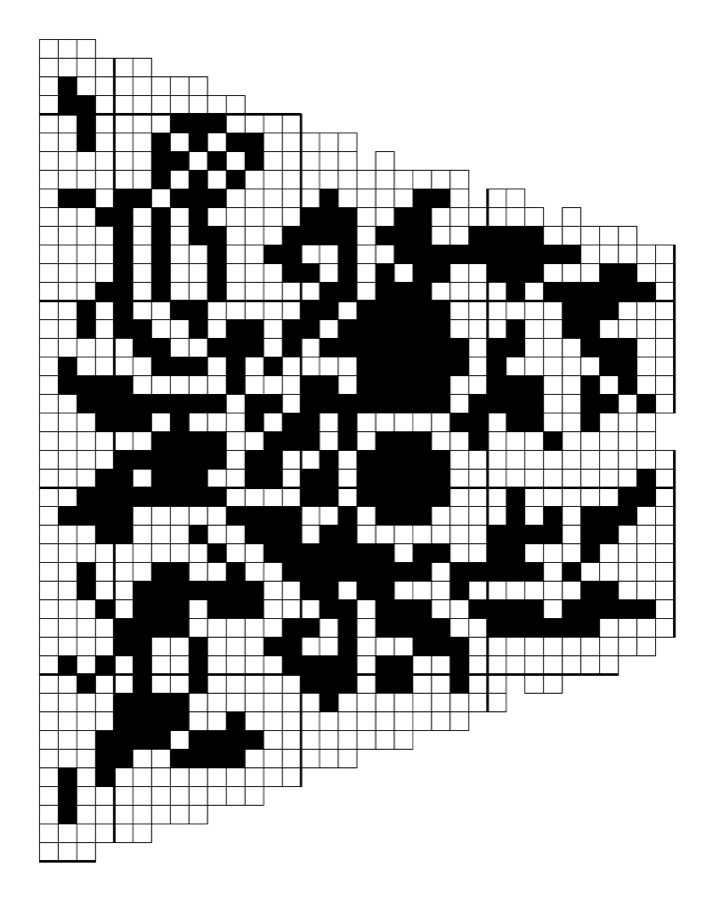 Filet crochet chart: triangular piece with an open rose and leaf spray, edges tapering to a point.