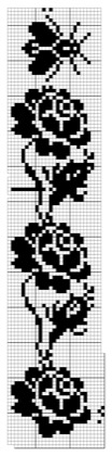 Filet crochet chart: vertical border strip with a butterfly above a winding rose vine with leaves and buds.