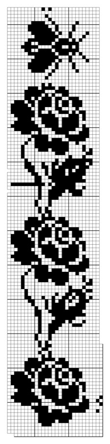 Filet crochet chart: vertical border strip with a butterfly above a winding rose vine with leaves and buds.
