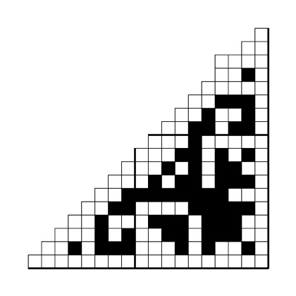 Filet crochet chart: small right-triangle corner with a curled scroll motif on open mesh.