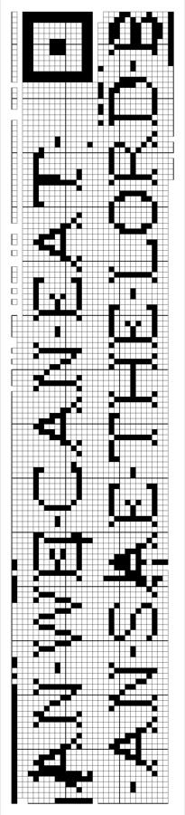 Filet crochet chart: two vertical lines of block lettering reading 'an we can eat' and 'an sae the Lord b', with a square medallion at the top of the strip.