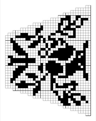 Filet crochet chart: shaped wedge panel with fans of long slender leaves, leafy branches, and a solid bud form.