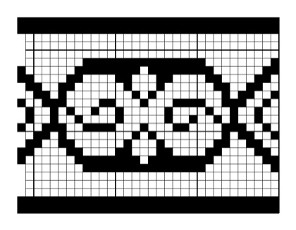 Filet crochet chart: insertion band with two spiral roses inside a pointed oval between straight solid edges.