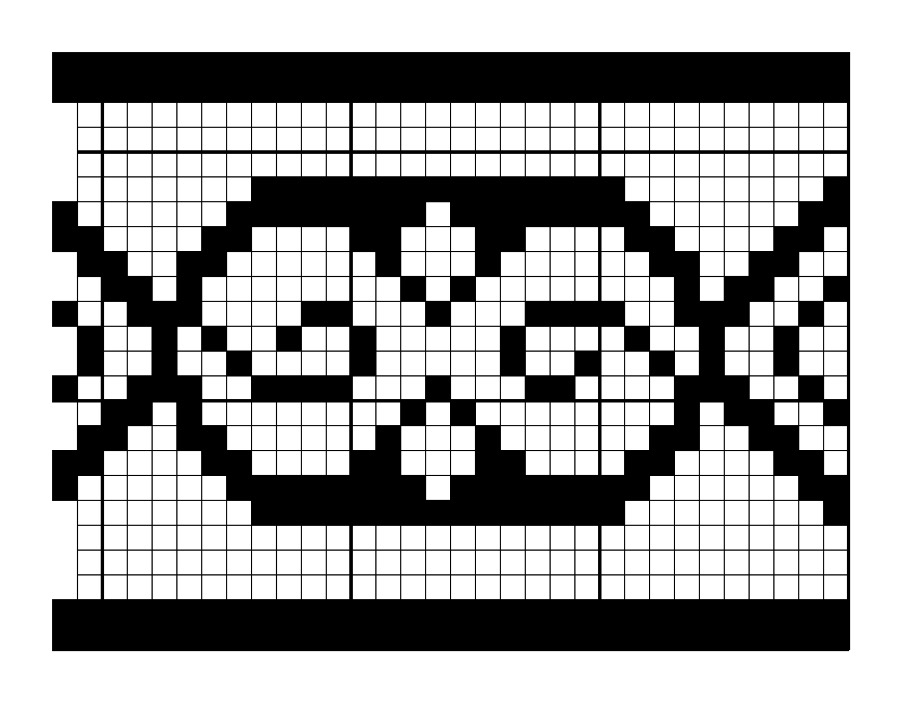 Filet crochet chart: insertion band with two spiral roses inside a pointed oval between straight solid edges.