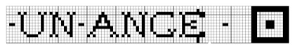 Filet crochet chart: long narrow band spelling UN ANGE in block letters, with a square medallion at the right end.