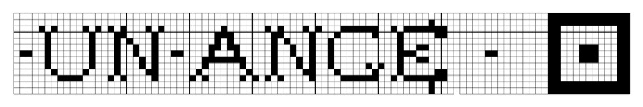 Filet crochet chart: long narrow band spelling UN ANGE in block letters, with a square medallion at the right end.