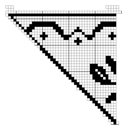 Filet crochet chart: triangular corner with a solid heading bar, a wavy line with small cross accents, and a stepped diagonal edge.