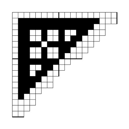 Filet crochet chart: solid right-triangle corner motif with a windowpane grid of small open squares and a stepped diagonal edge.